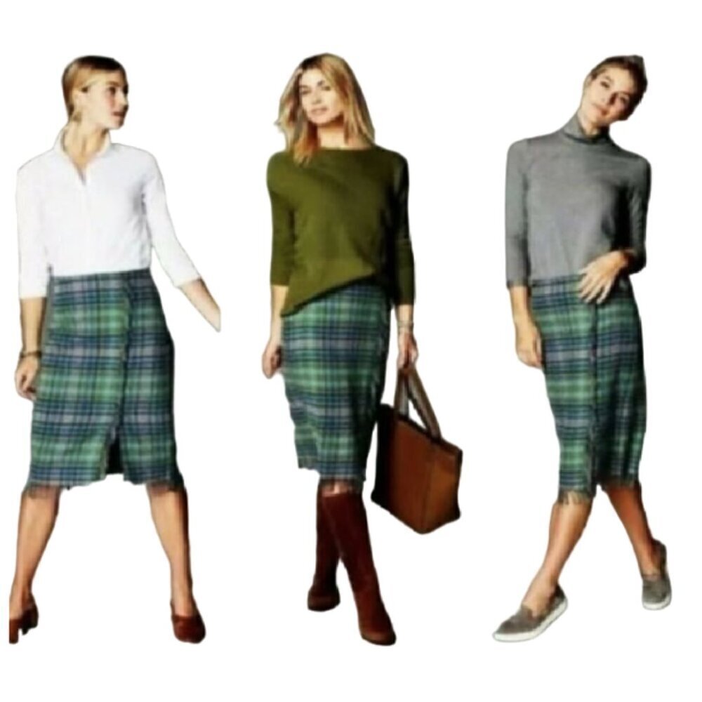 J. Jill Plaid Wool Blend Blanket Fringe Midi Skirt NWT Size 26W